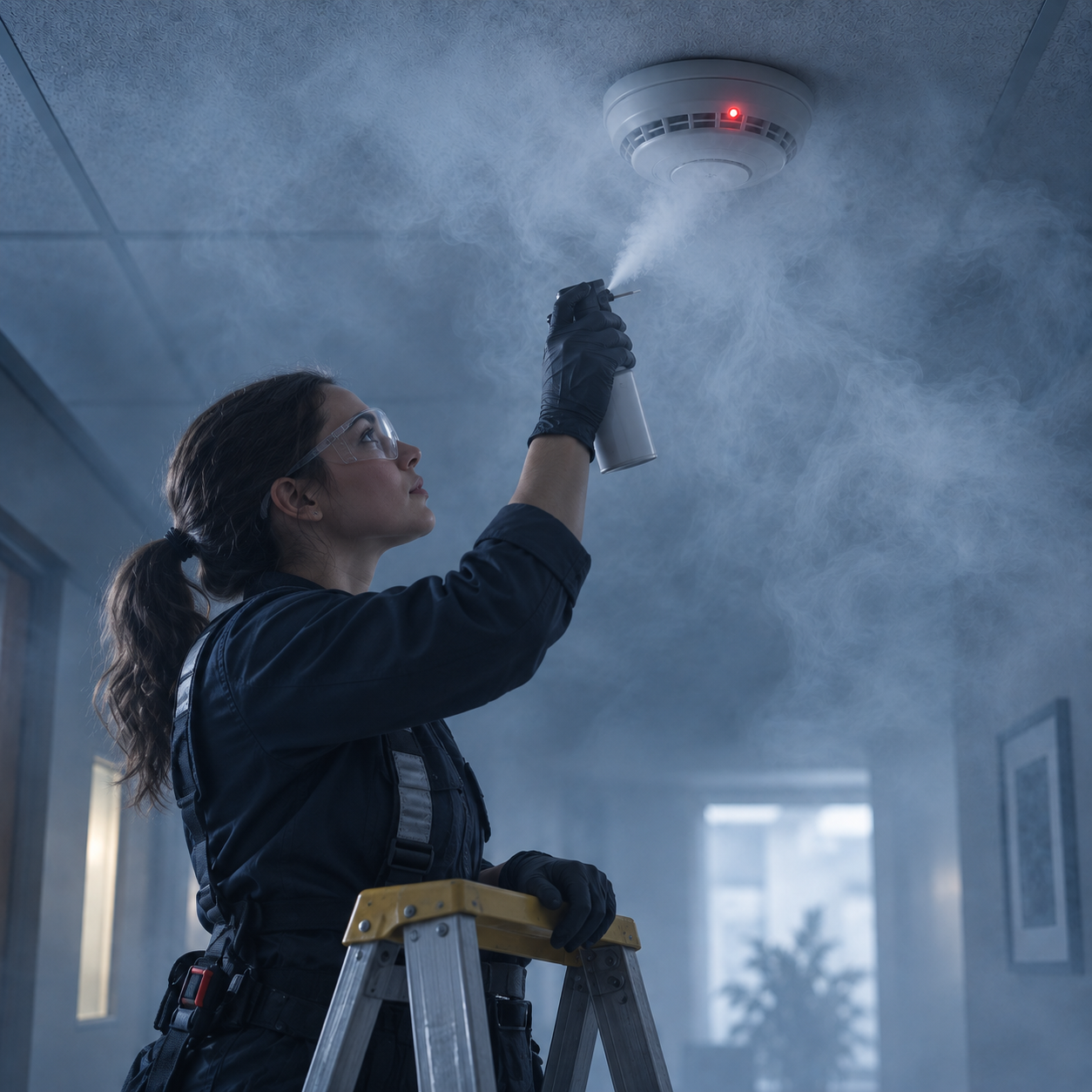 Technician spraying aerosol test smoke into a ceiling smoke detector